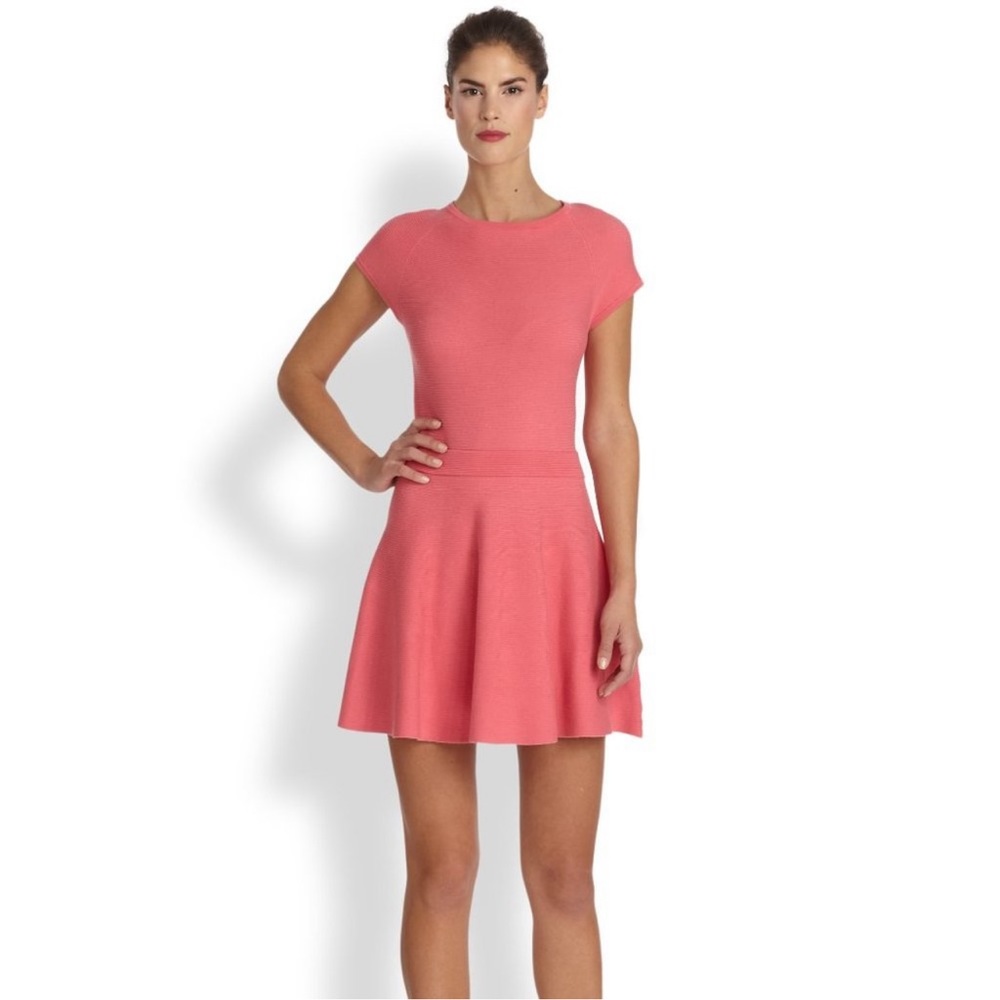 Trina Turk Fit & Flare Knit Cozumel Ribbed Sweater Dress in Hot Coral Pink - Picture 1 of 10